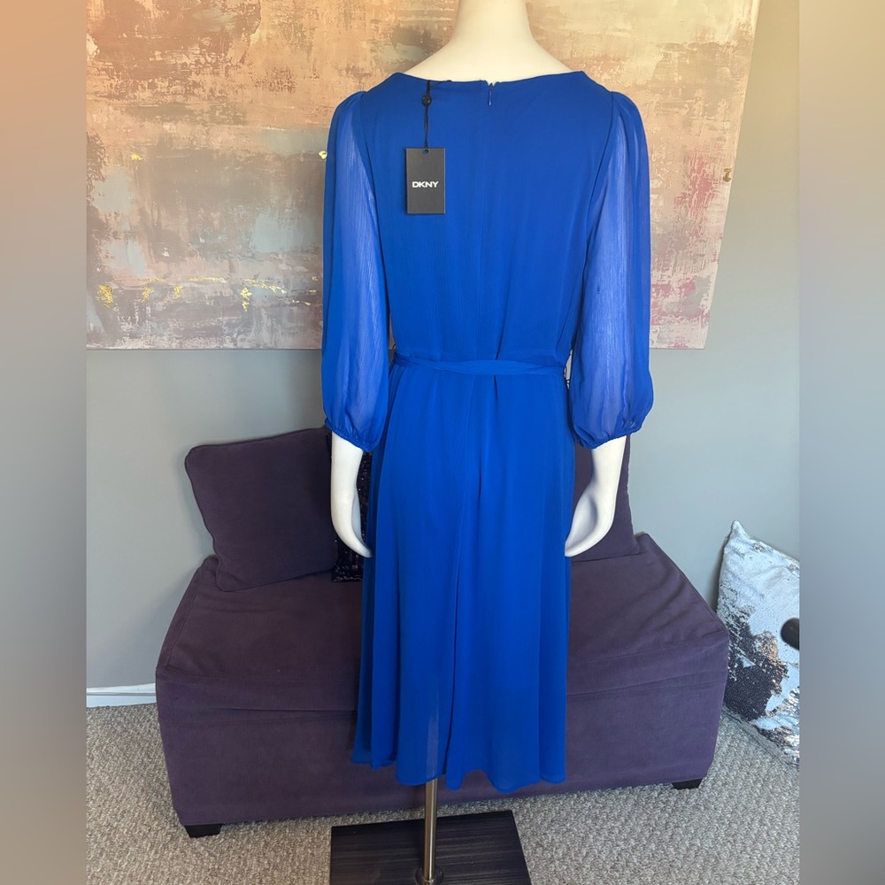 DKNY Blue Faux Wrap Dress with V-Neck and Bishop Sleeves NWT size 16 - Picture 7 of 12